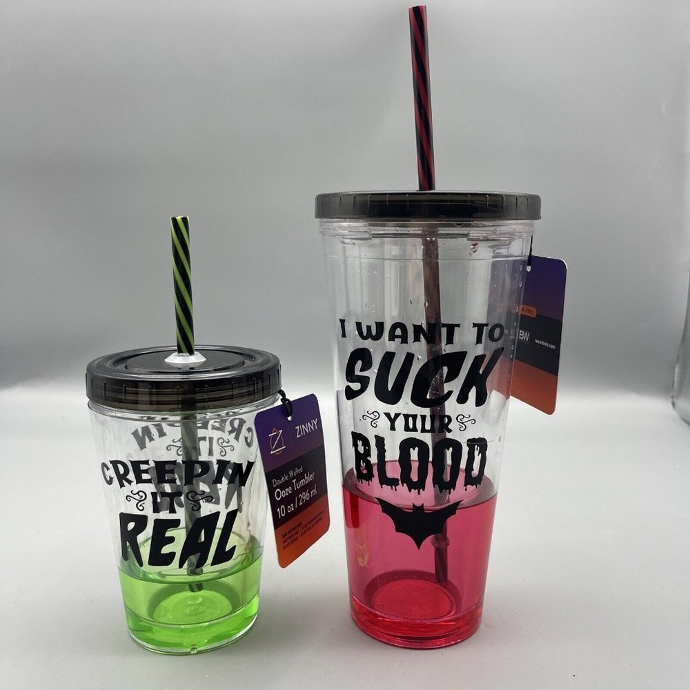 Zinny Insulated Halloween Double Walled Tumblers 10&20 Oz. Creepy Blood w/straw